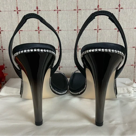 Good American Satin Strappy Heels Square Toe Sz 8.5 Black Satin & Rhinestones - Picture 4 of 7